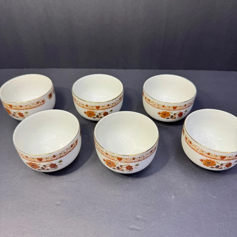 Tatung Porcelain Tea Cups Set of 6 Floral Orange‎ Gold Rim Taiwan Vintage 1970s